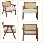 Poltrona Mid-Century da Fattoria, Poltrona in Legno con Schienale in Rattan e Cuscino in Lino, Beige