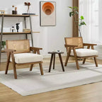 Poltrona Mid-Century da Fattoria, Poltrona in Legno con Schienale in Rattan e Cuscino in Lino, Beige