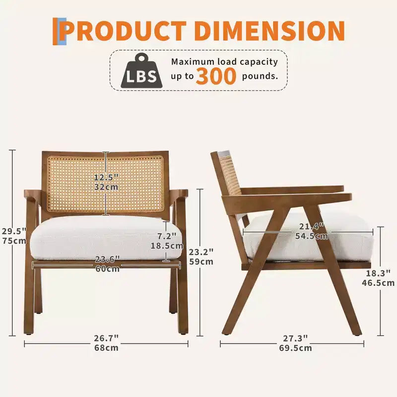 Poltrona Mid-Century da Fattoria, Poltrona in Legno con Schienale in Rattan e Cuscino in Lino, Beige