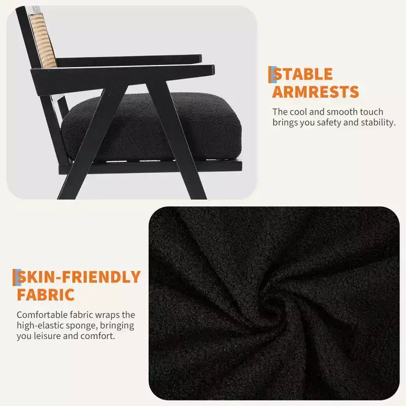 Poltrona Mid-Century da Fattoria, Poltrona in Legno con Schienale in Rattan e Cuscino in Lino, Beige