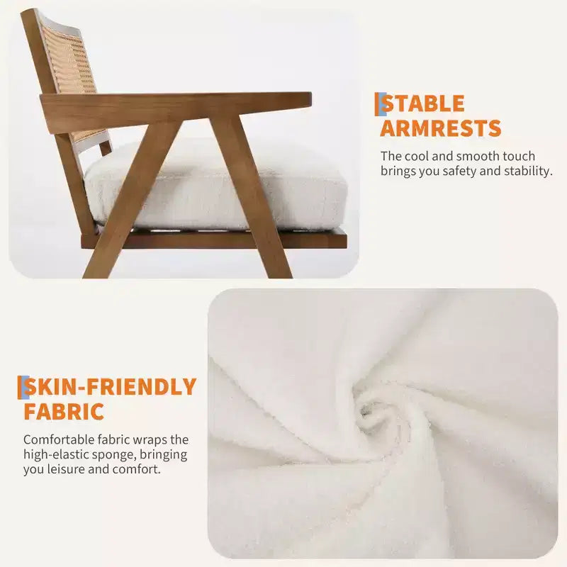 Poltrona Mid-Century da Fattoria, Poltrona in Legno con Schienale in Rattan e Cuscino in Lino, Beige