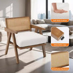 Poltrona Mid-Century da Fattoria, Poltrona in Legno con Schienale in Rattan e Cuscino in Lino, Beige