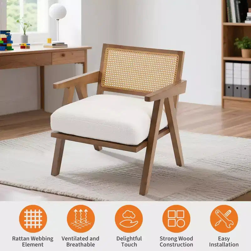 Poltrona Mid-Century da Fattoria, Poltrona in Legno con Schienale in Rattan e Cuscino in Lino, Beige