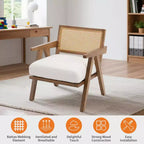 Poltrona Mid-Century da Fattoria, Poltrona in Legno con Schienale in Rattan e Cuscino in Lino, Beige