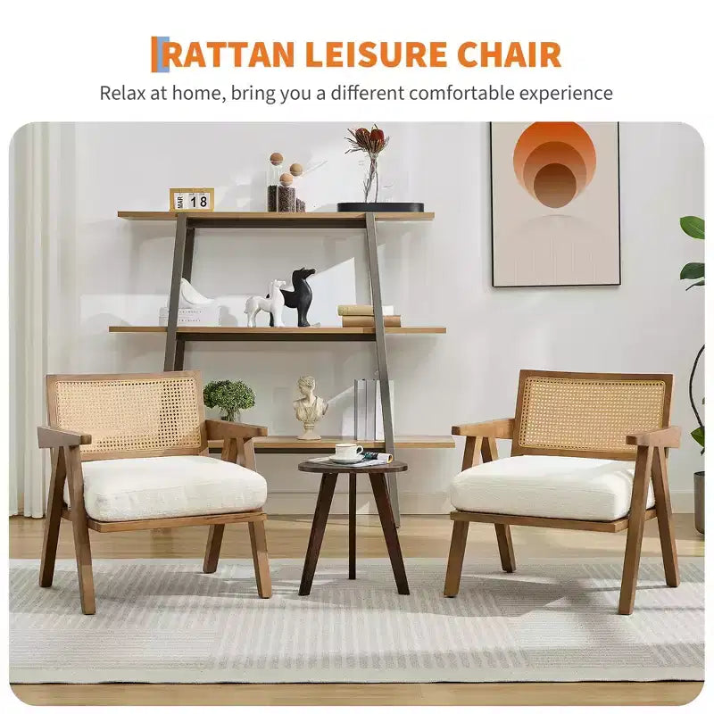 Poltrona Mid-Century da Fattoria, Poltrona in Legno con Schienale in Rattan e Cuscino in Lino, Beige