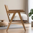 Poltrona Mid-Century da Fattoria, Poltrona in Legno con Schienale in Rattan e Cuscino in Lino, Beige