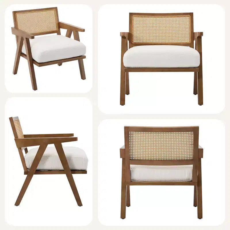 Poltrona Mid-Century da Fattoria, Poltrona in Legno con Schienale in Rattan e Cuscino in Lino, Beige