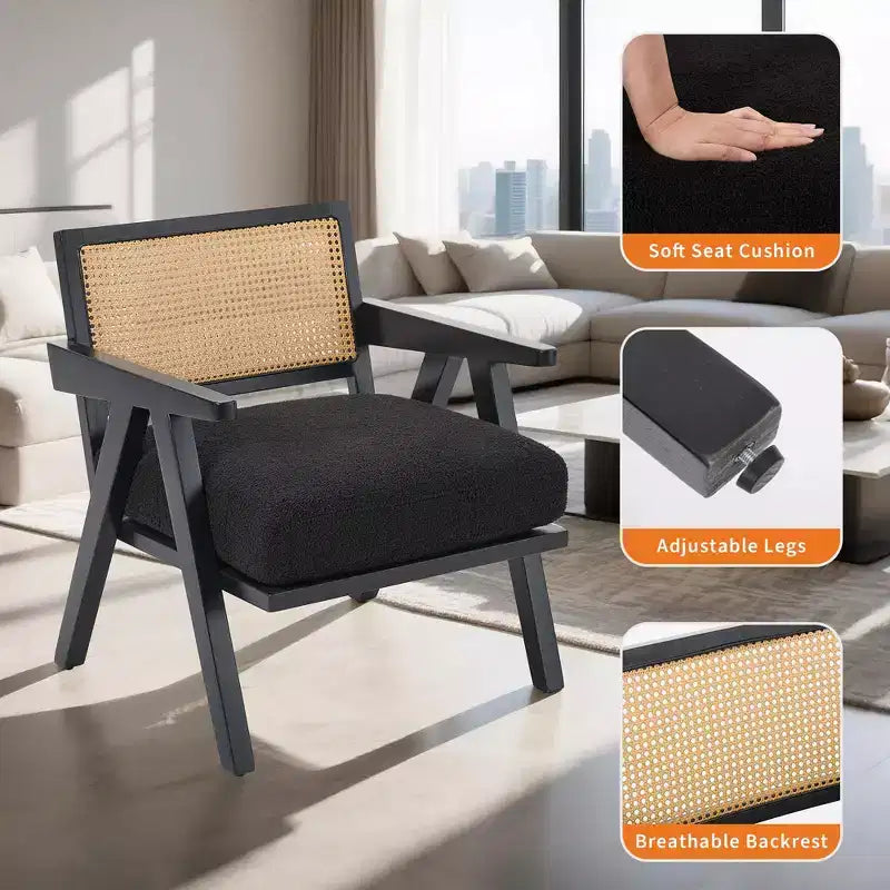 Poltrona Mid-Century da Fattoria, Poltrona in Legno con Schienale in Rattan e Cuscino in Lino, Beige