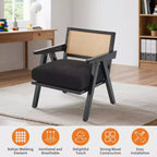 Poltrona Mid-Century da Fattoria, Poltrona in Legno con Schienale in Rattan e Cuscino in Lino, Beige