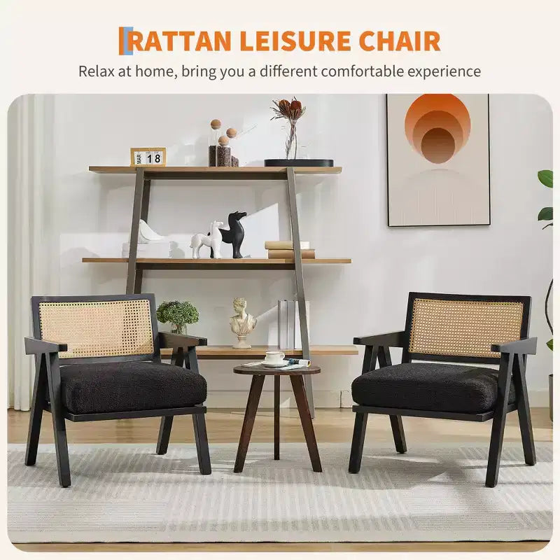 Poltrona Mid-Century da Fattoria, Poltrona in Legno con Schienale in Rattan e Cuscino in Lino, Beige