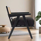 Poltrona Mid-Century da Fattoria, Poltrona in Legno con Schienale in Rattan e Cuscino in Lino, Beige