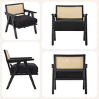 Poltrona Mid-Century da Fattoria, Poltrona in Legno con Schienale in Rattan e Cuscino in Lino, Beige
