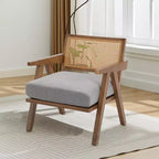 Poltrona Mid-Century da Fattoria, Poltrona in Legno con Schienale in Rattan e Cuscino in Lino, Beige