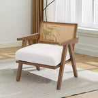 Poltrona Mid-Century da Fattoria, Poltrona in Legno con Schienale in Rattan e Cuscino in Lino, Beige