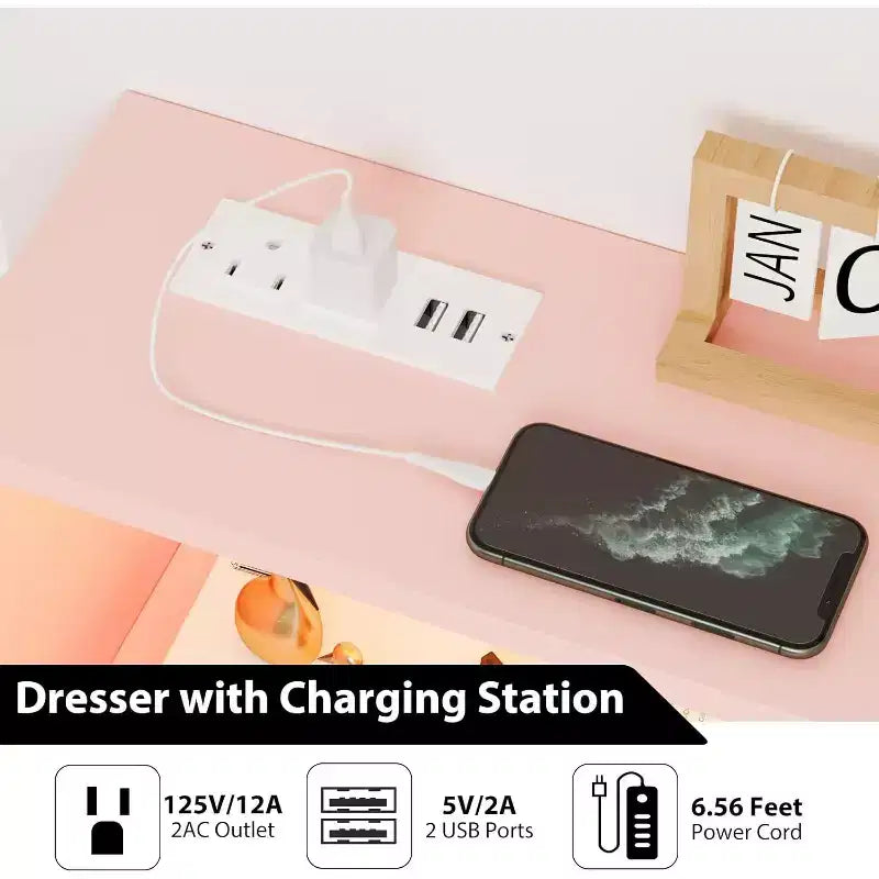 Comò a 6 cassetti con illuminazione a LED, stazione di ricarica e ripiano portaoggetti, mobile moderno in MDF per camera da letto, soggiorno