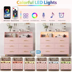 Comò a 6 cassetti con illuminazione a LED, stazione di ricarica e ripiano portaoggetti, mobile moderno in MDF per camera da letto, soggiorno