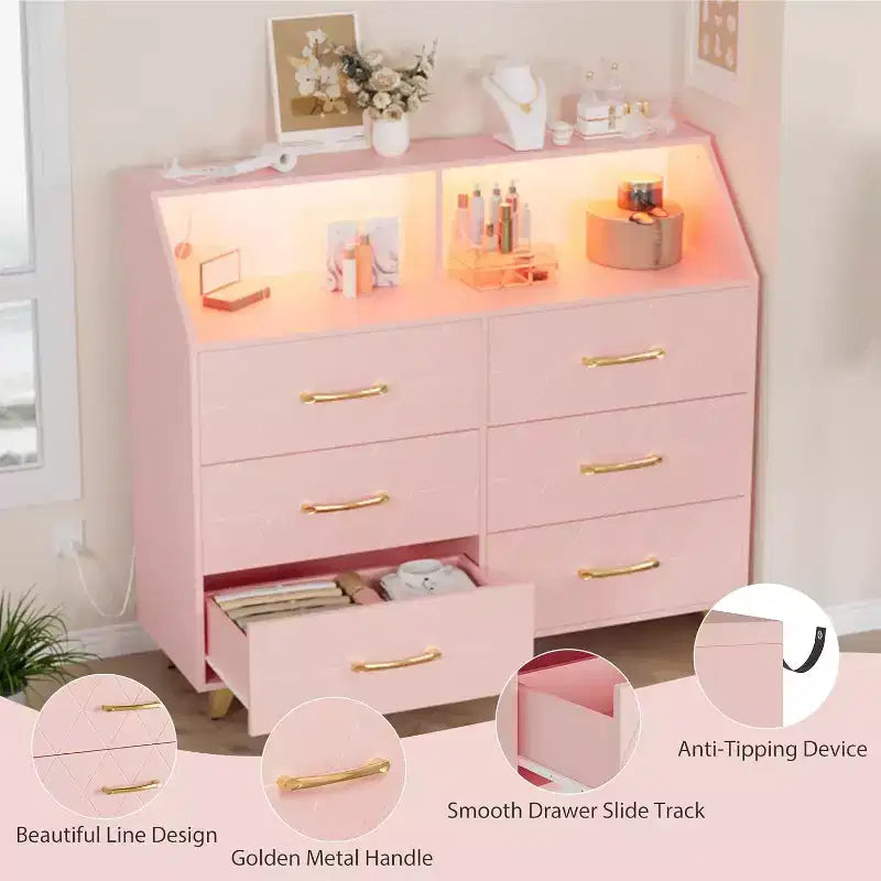 Comò a 6 cassetti con illuminazione a LED, stazione di ricarica e ripiano portaoggetti, mobile moderno in MDF per camera da letto, soggiorno