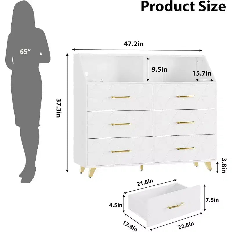Comò a 6 cassetti con illuminazione a LED, stazione di ricarica e ripiano portaoggetti, mobile moderno in MDF per camera da letto, soggiorno