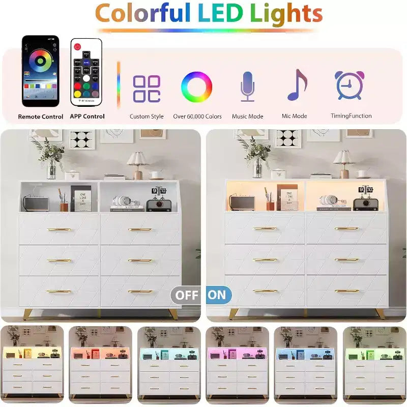 Comò a 6 cassetti con illuminazione a LED, stazione di ricarica e ripiano portaoggetti, mobile moderno in MDF per camera da letto, soggiorno