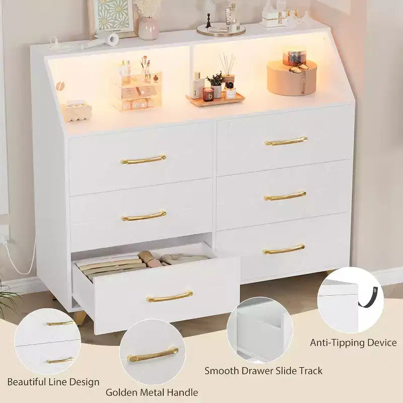 Comò a 6 cassetti con illuminazione a LED, stazione di ricarica e ripiano portaoggetti, mobile moderno in MDF per camera da letto, soggiorno