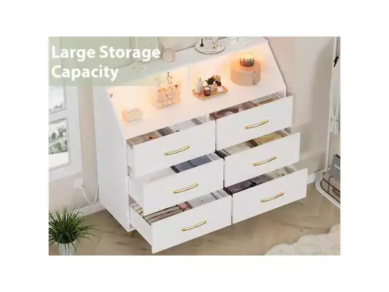 Comò a 6 cassetti con illuminazione a LED, stazione di ricarica e ripiano portaoggetti, mobile moderno in MDF per camera da letto, soggiorno