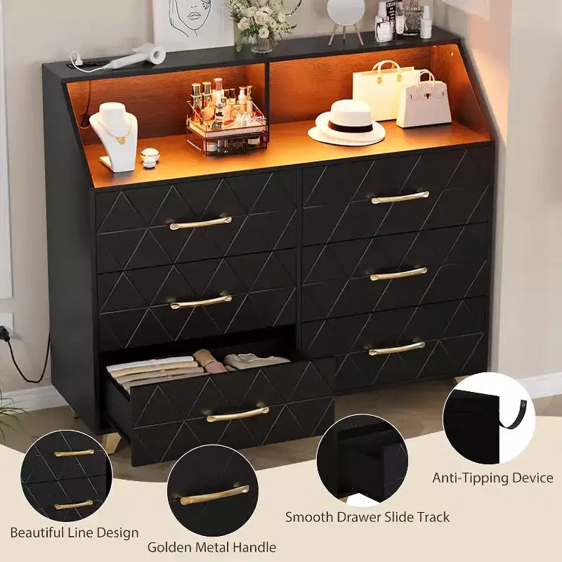 Comò a 6 cassetti con illuminazione a LED, stazione di ricarica e ripiano portaoggetti, mobile moderno in MDF per camera da letto, soggiorno