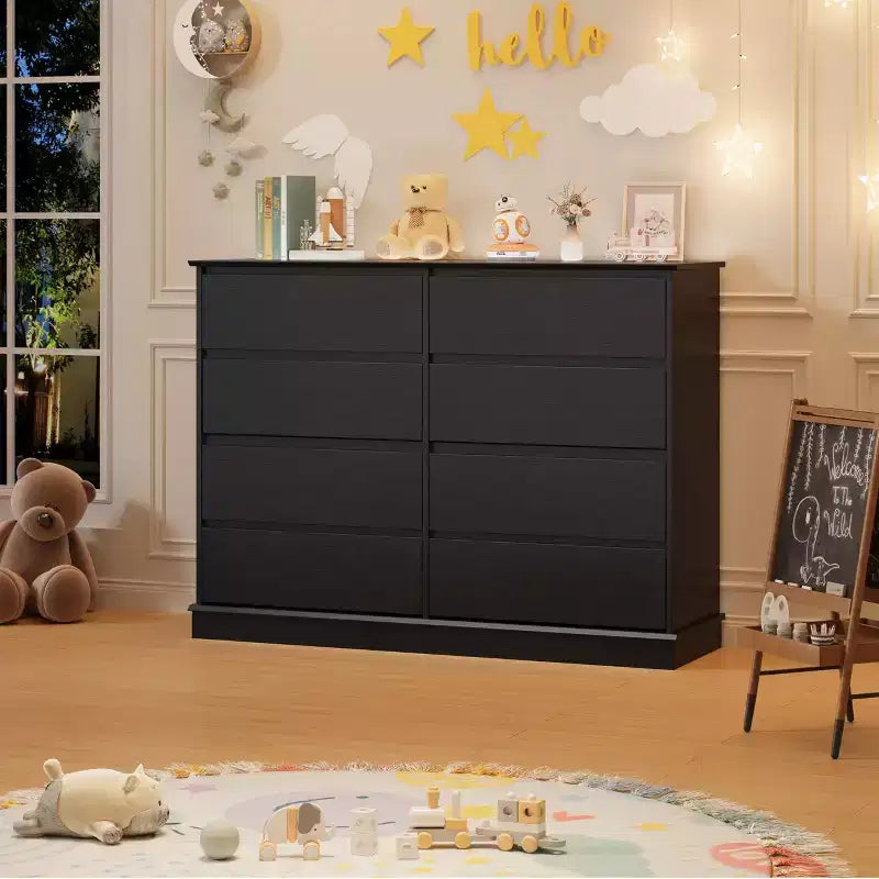 Comò a 8 cassetti per camera da letto, cassettiera con cassetti profondi, piano largo, cassettiera orizzontale in MDF