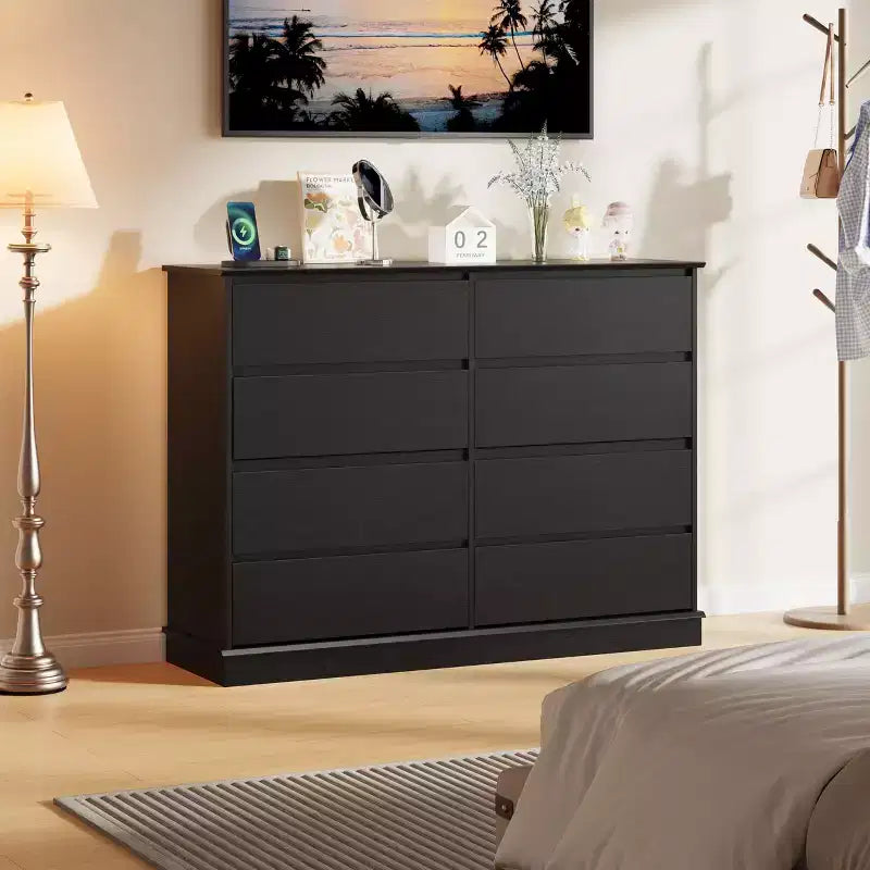 Comò a 8 cassetti per camera da letto, cassettiera con cassetti profondi, piano largo, cassettiera orizzontale in MDF