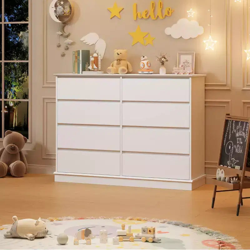Comò a 8 cassetti per camera da letto, cassettiera con cassetti profondi, piano largo, cassettiera orizzontale in MDF