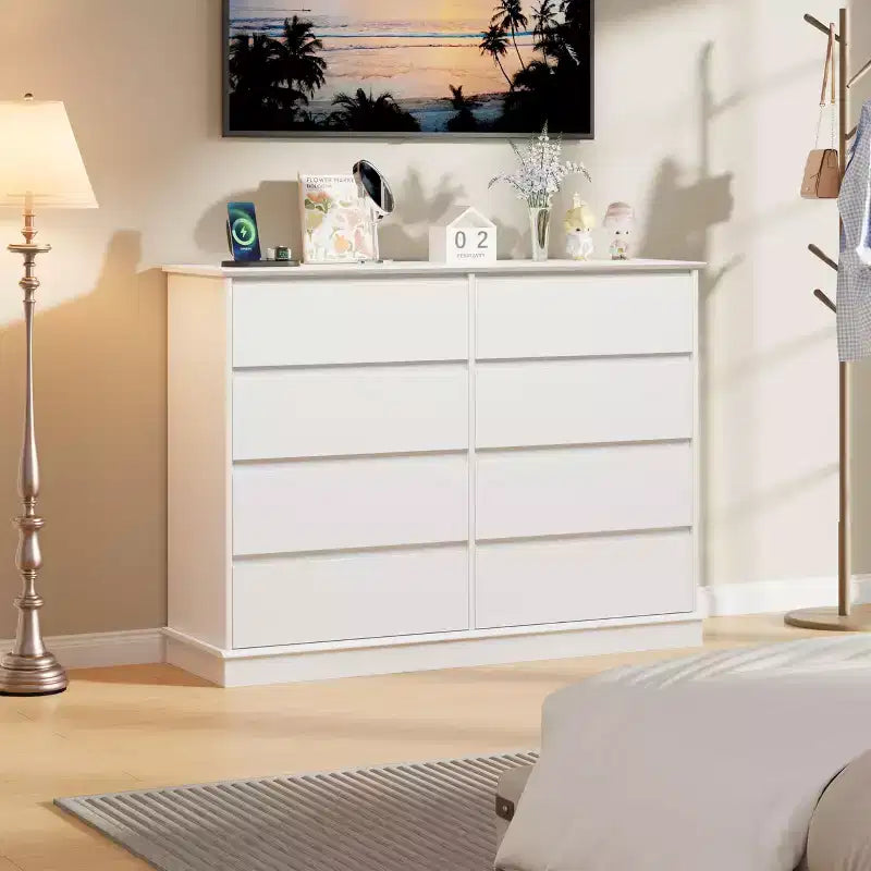 Comò a 8 cassetti per camera da letto, cassettiera con cassetti profondi, piano largo, cassettiera orizzontale in MDF