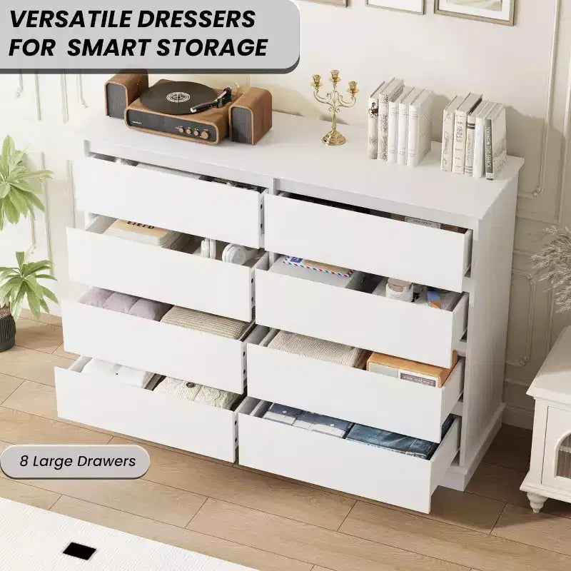 Comò a 8 cassetti per camera da letto, cassettiera con cassetti profondi, piano largo, cassettiera orizzontale in MDF