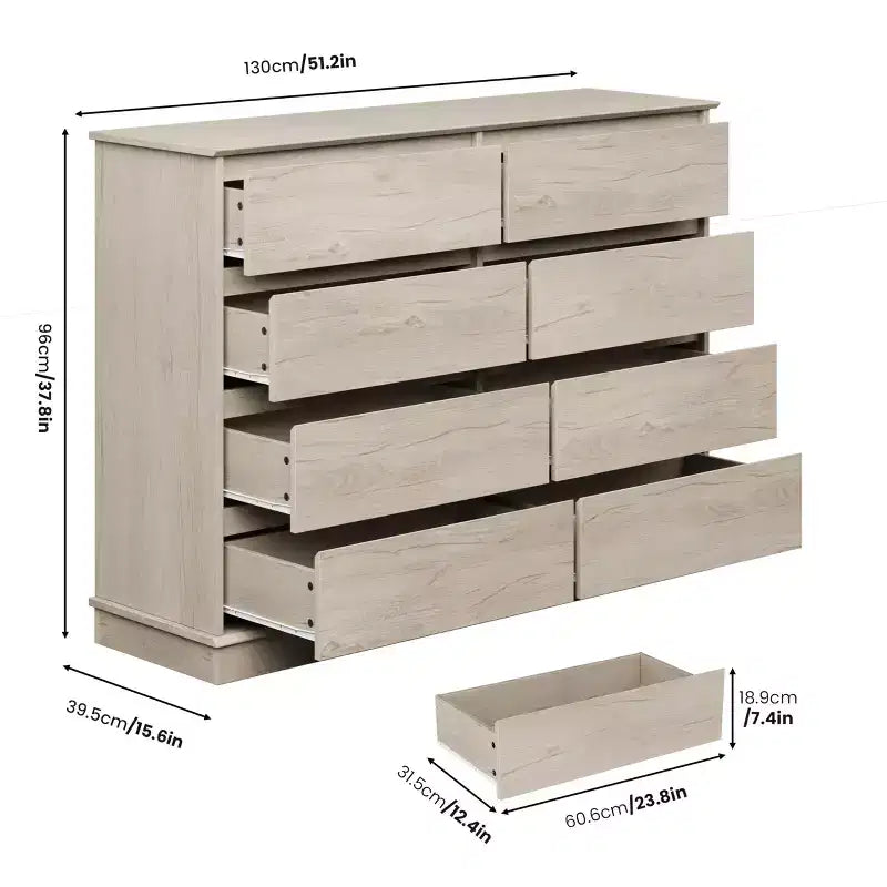 Comò a 8 cassetti per camera da letto, cassettiera con cassetti profondi, piano largo, cassettiera orizzontale in MDF