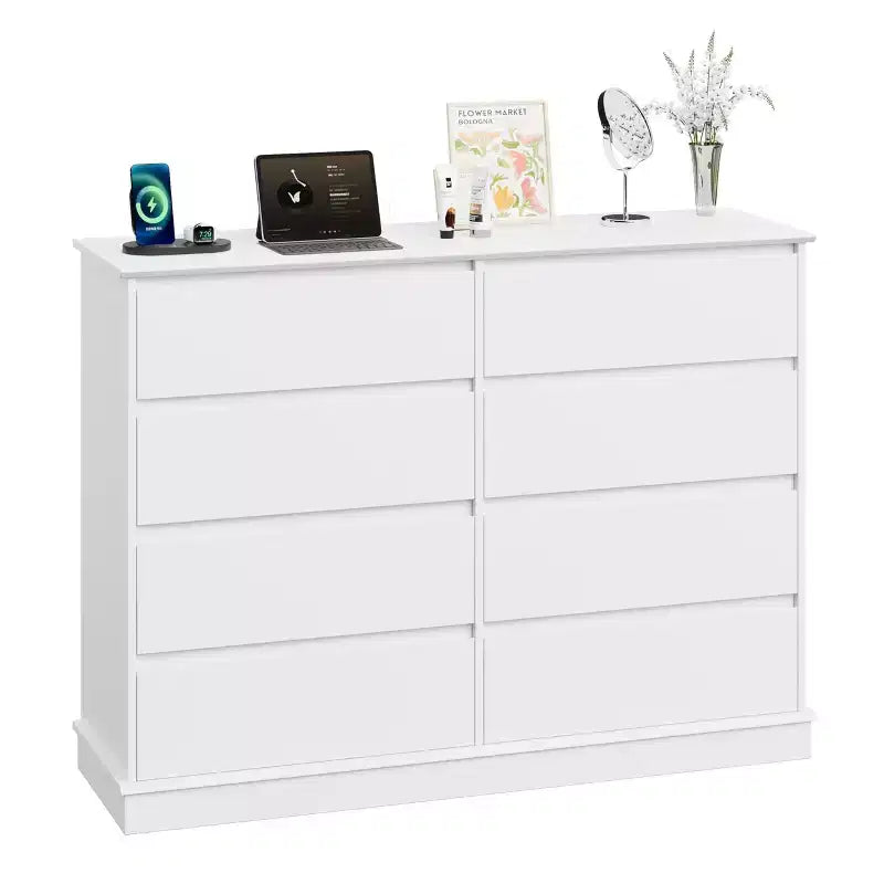 Comò a 8 cassetti per camera da letto, cassettiera con cassetti profondi, piano largo, cassettiera orizzontale in MDF
