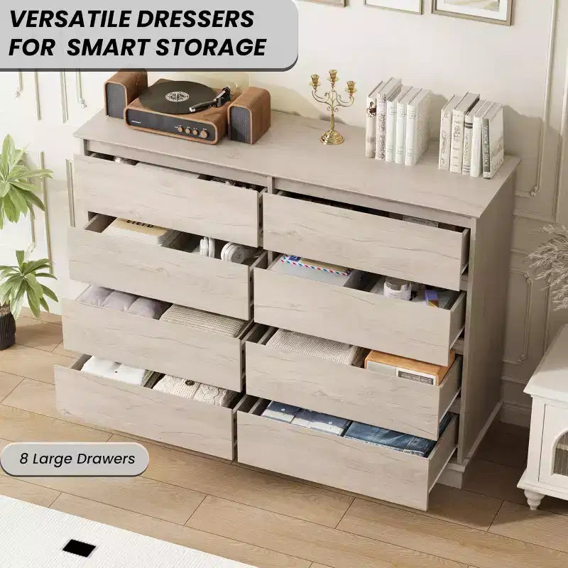 Comò a 8 cassetti per camera da letto, cassettiera con cassetti profondi, piano largo, cassettiera orizzontale in MDF