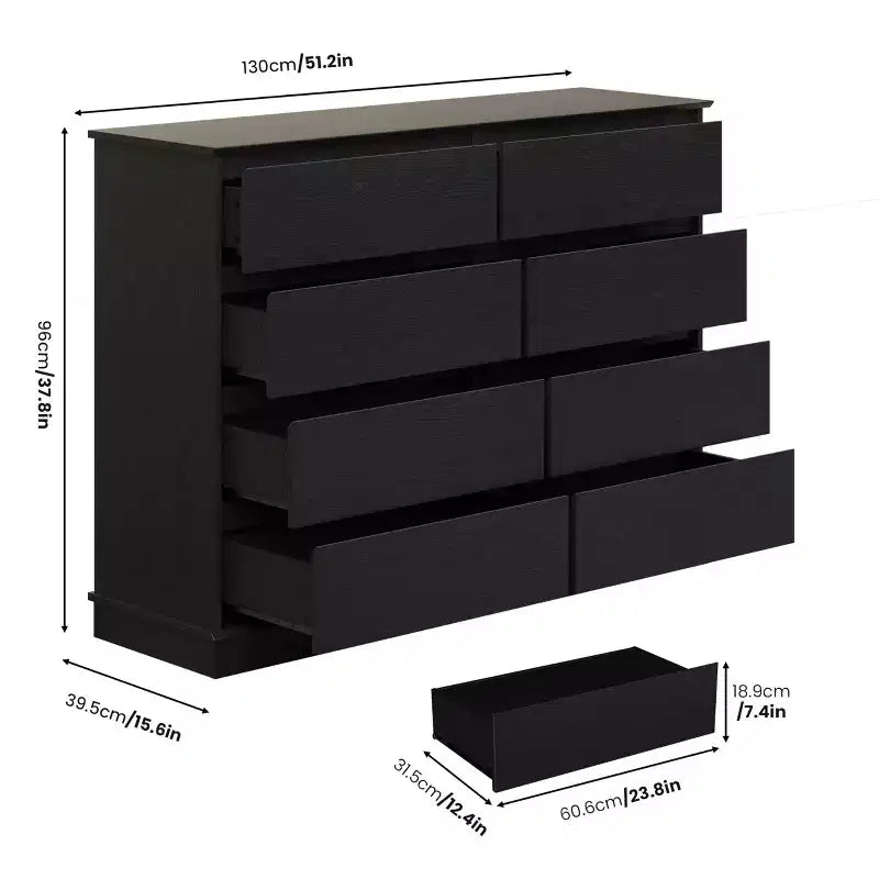 Comò a 8 cassetti per camera da letto, cassettiera con cassetti profondi, piano largo, cassettiera orizzontale in MDF