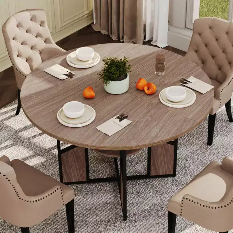 Tavolo da pranzo rotondo per 4-6 persone, 150 cm con ripiano portaoggetti, stile rustico, senza sedie