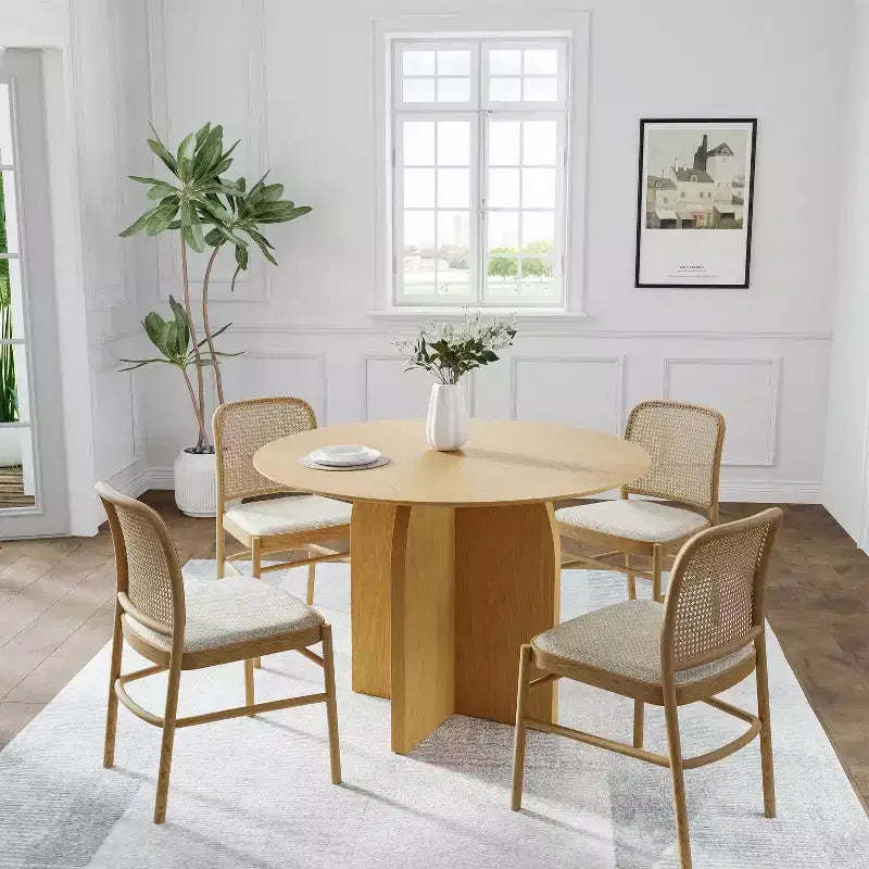 Tavolo da pranzo rotondo in legno massello 42x42, finitura naturale, gambe arcuate, 4 posti