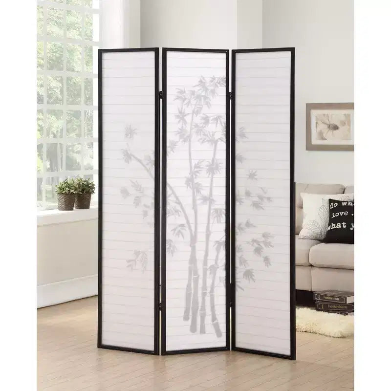 Divisorio in 3 Pannelli, Fantasia Bambù, Legno e Carta, Nero, 137x180 cm
