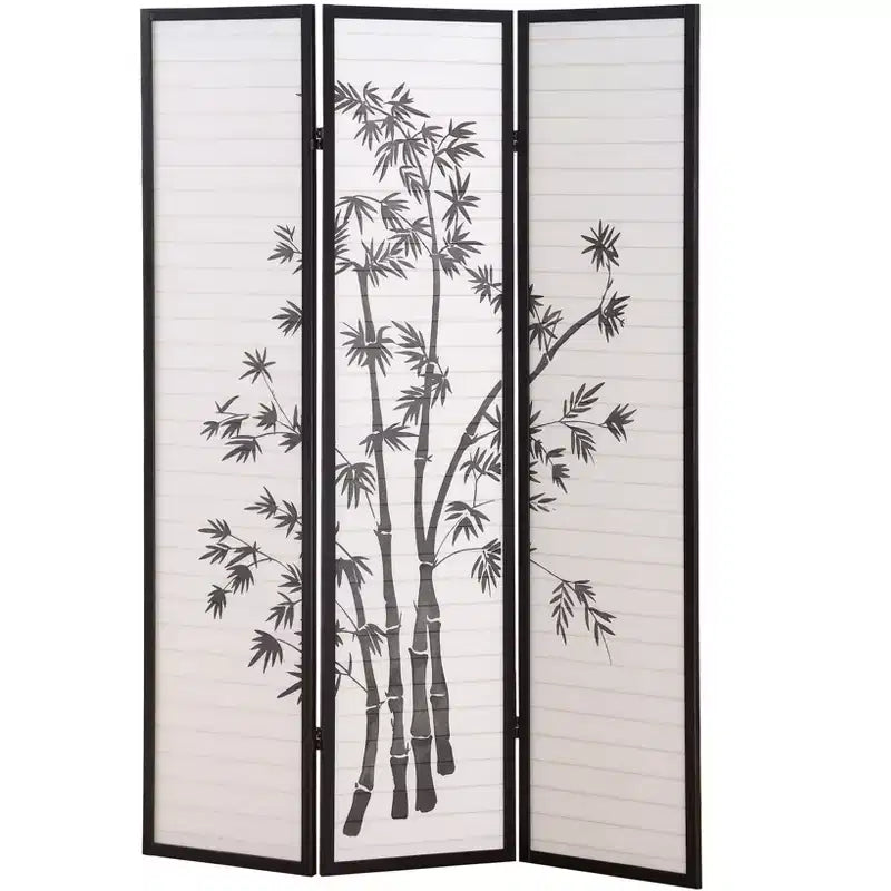 Divisorio in 3 Pannelli, Fantasia Bambù, Legno e Carta, Nero, 137x180 cm