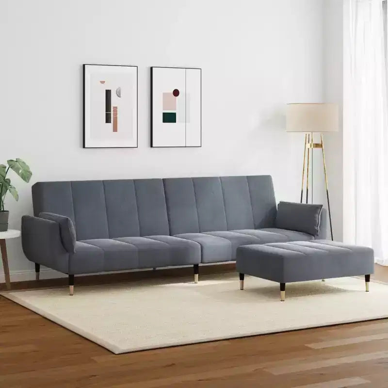 2-Seater Sofa Bed with Footstool, Dark Gray Polyester, Convertible
