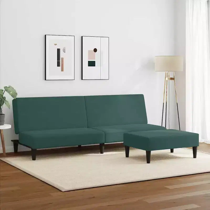 Velvet 2-Seater Sofa Bed and Footstool, Dark Green, Convertible Sleeper Sofa for Lounge & Living Room