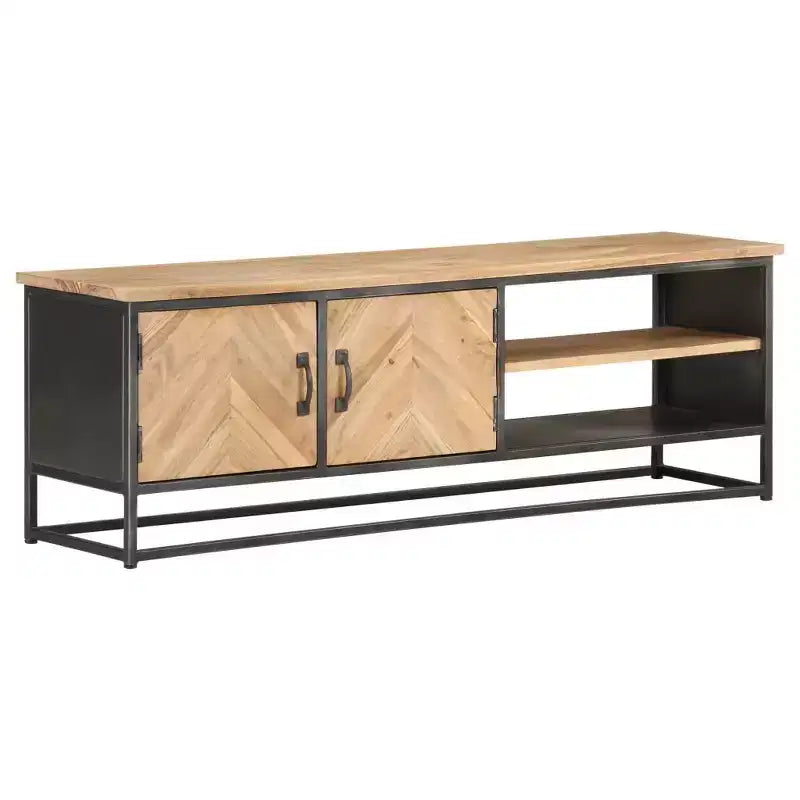 Mobile Porta TV in Legno Massello di Acacia con Base in Acciaio, Stile Industriale, Venatura Naturale del Legno