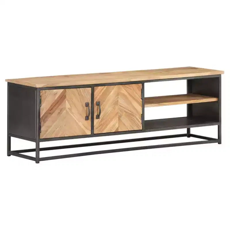 Mobile Porta TV in Legno Massello di Acacia con Base in Acciaio, Stile Industriale, Venatura Naturale del Legno