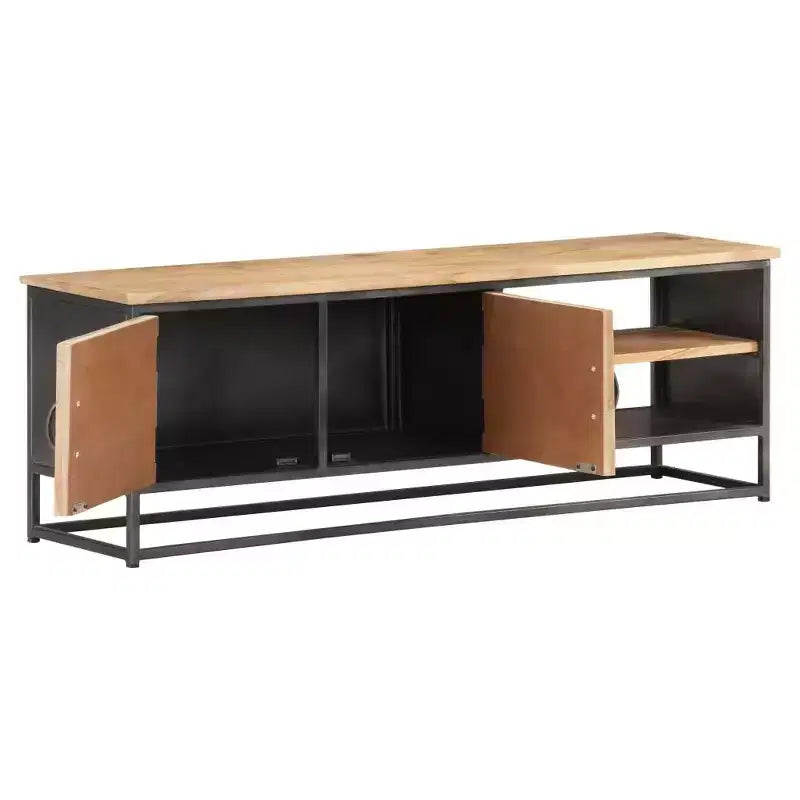 Mobile Porta TV in Legno Massello di Acacia con Base in Acciaio, Stile Industriale, Venatura Naturale del Legno
