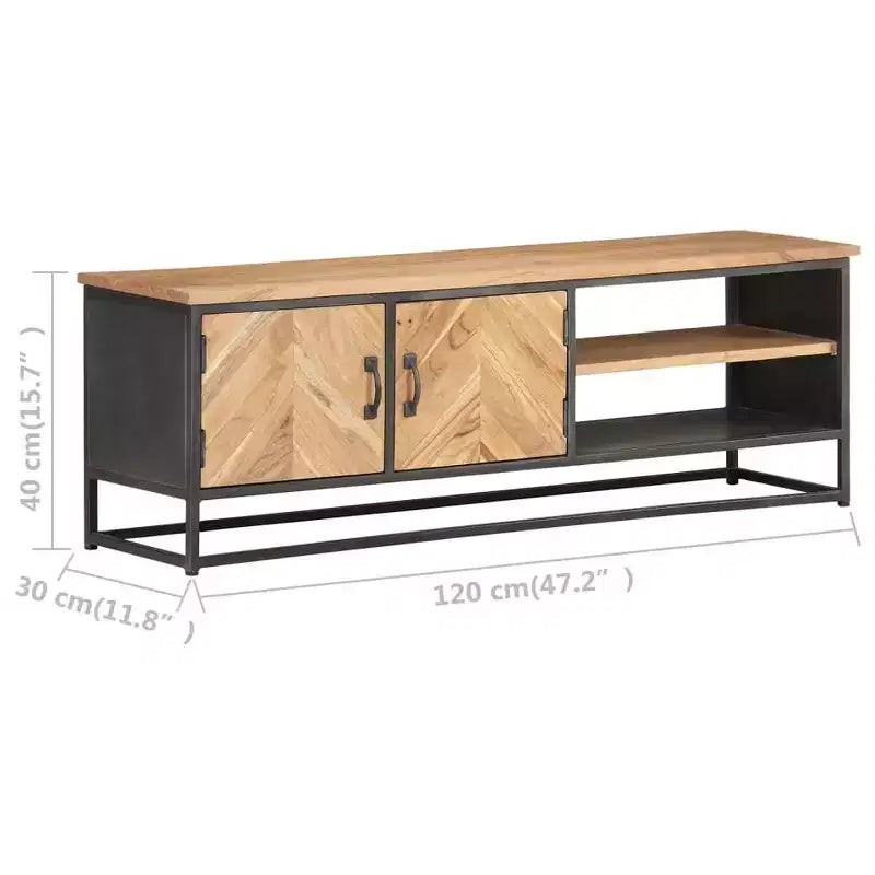 Mobile Porta TV in Legno Massello di Acacia con Base in Acciaio, Stile Industriale, Venatura Naturale del Legno