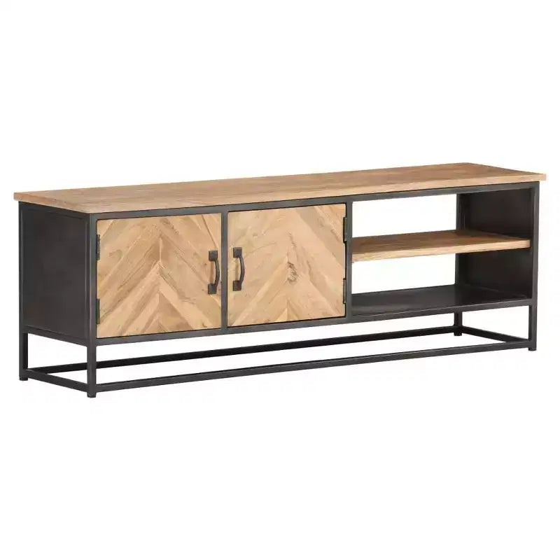 Mobile Porta TV in Legno Massello di Acacia con Base in Acciaio, Stile Industriale, Venatura Naturale del Legno