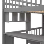 Letto a castello matrimoniale superiore con letto singolo inferiore, scrivania integrata, mensole, cassetti multipli e scala con vani portaoggetti