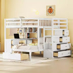 Letto a castello matrimoniale superiore con letto singolo inferiore, scrivania integrata, mensole, cassetti multipli e scala con vani portaoggetti