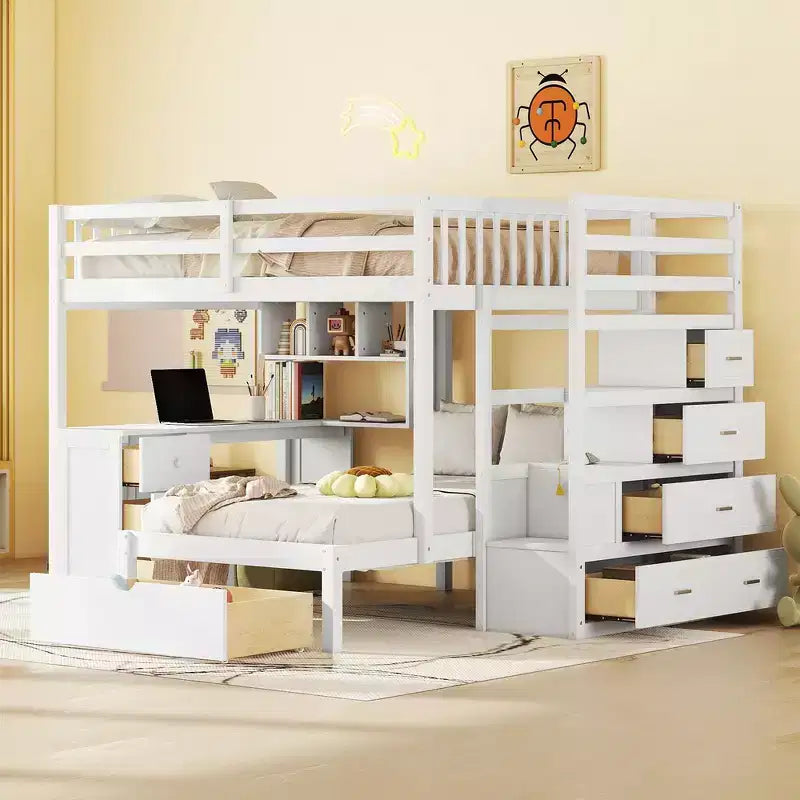 Letto a castello matrimoniale superiore con letto singolo inferiore, scrivania integrata, mensole, cassetti multipli e scala con vani portaoggetti