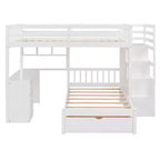 Letto a castello matrimoniale superiore con letto singolo inferiore, scrivania integrata, mensole, cassetti multipli e scala con vani portaoggetti